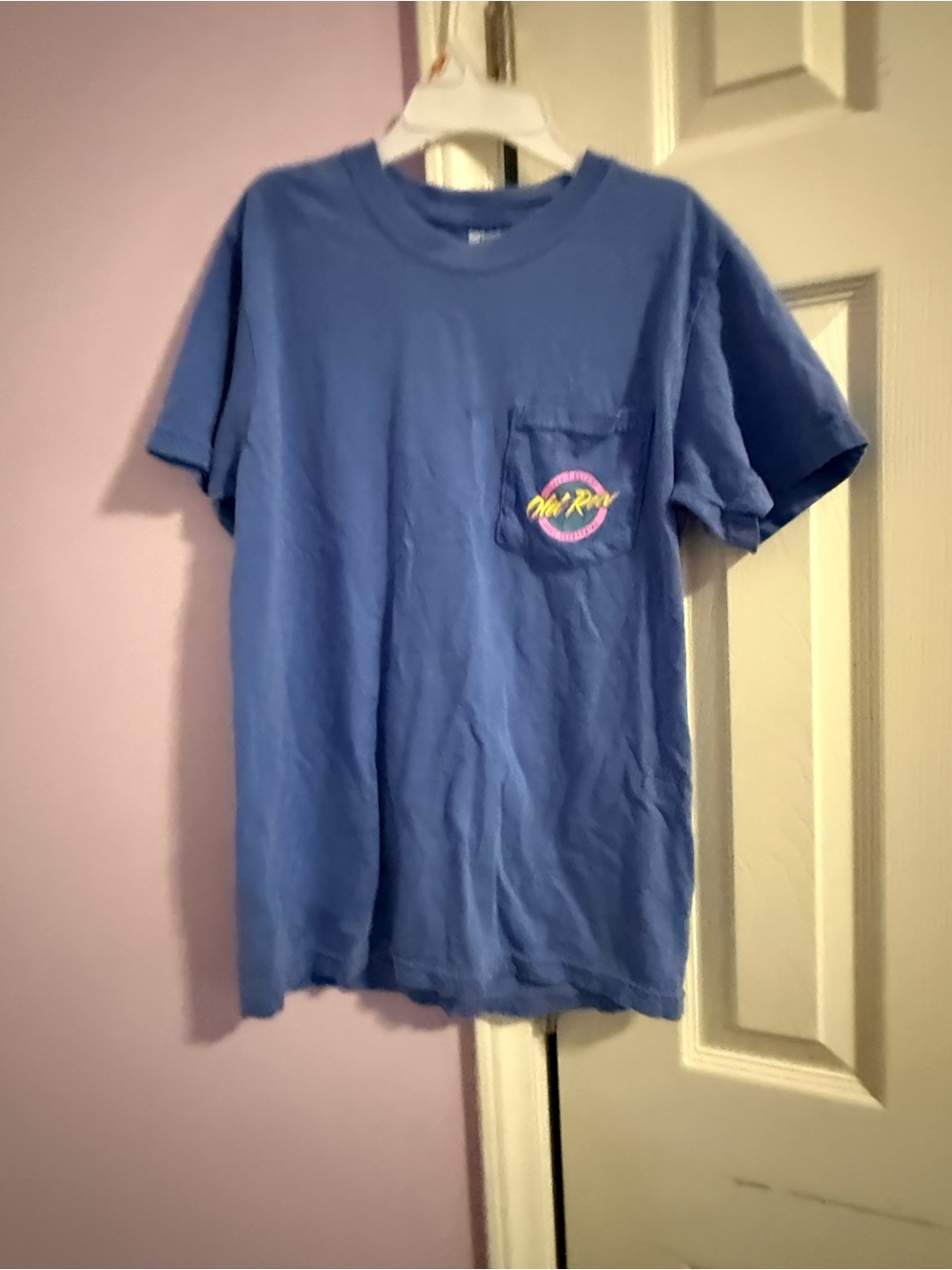 Blue Short-Sleeve Pocket Tee with Neon Chest Graphic